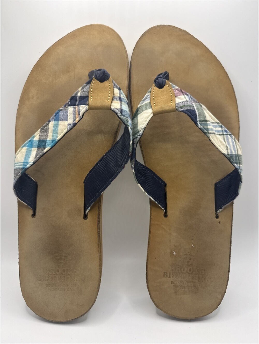 Brooks Brothers Mens Plaid Leather Flip Flop Sandals Tan Blue Made in USA
